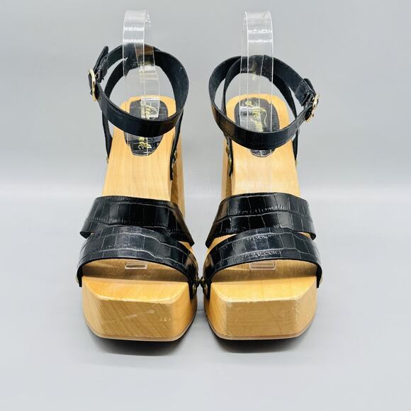 Free People Sandals Womens 10 Black Wood Platform Ankle Strap Block Heel - Picture 3 of 13